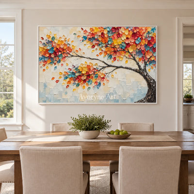 Chromatic Canopy: Orange Colorful Tree Relief Wall Art — dining white