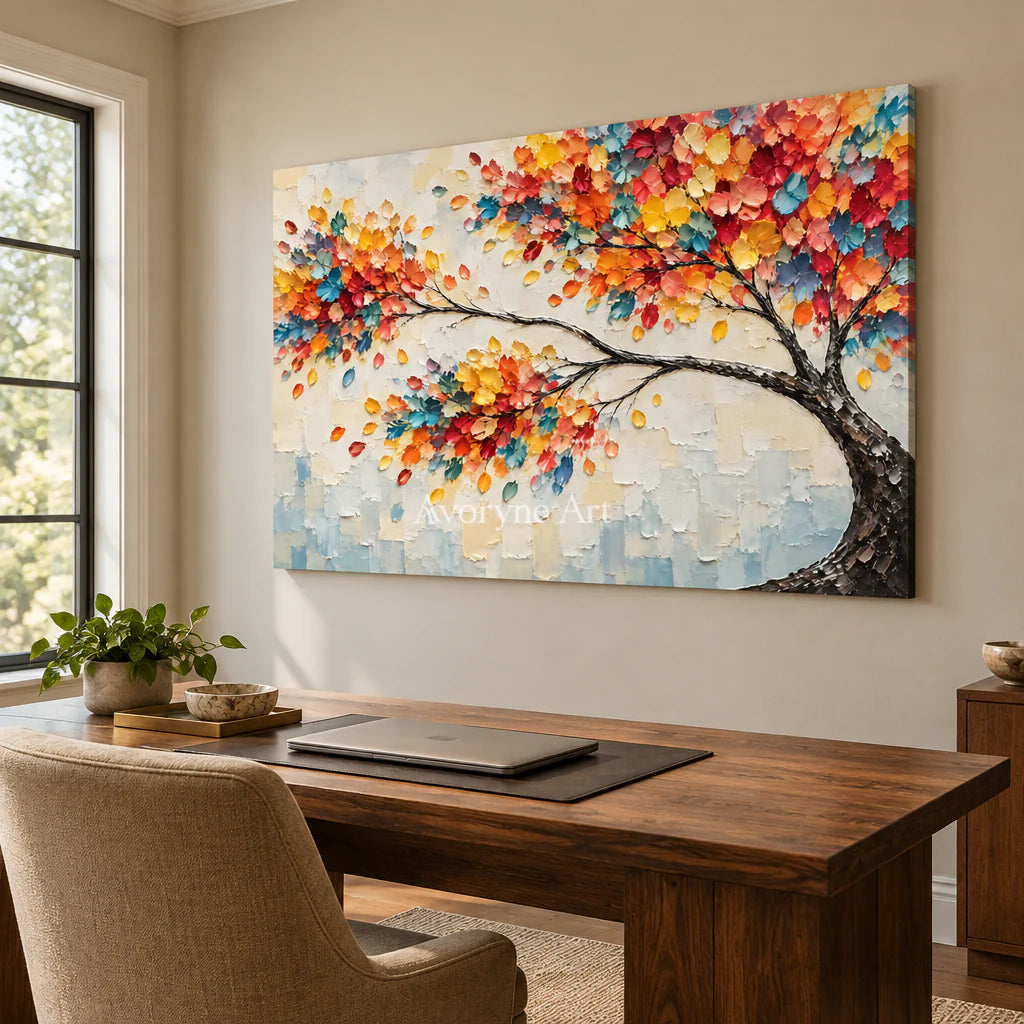 Chromatic Canopy: Orange Colorful Tree Relief Wall Art — office frameless