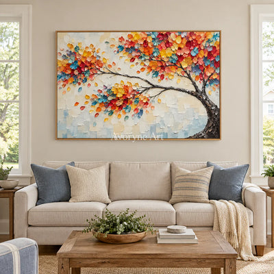Chromatic Canopy: Orange Colorful Tree Relief Wall Art — villa wood
