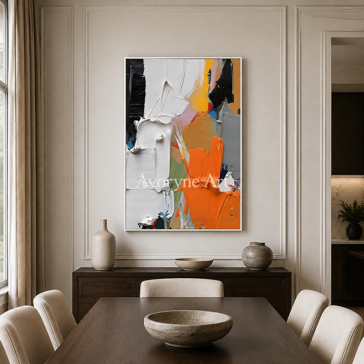 Ember Chorus: Orange Contemporary Abstract Wall Art - dining room white frame