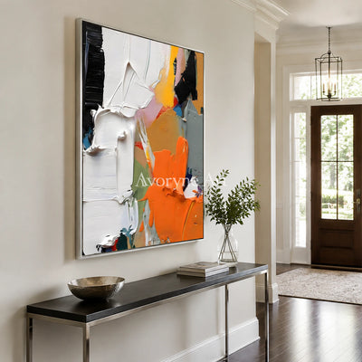 Ember Chorus: Orange Contemporary Abstract Wall Art - entryway silver frame