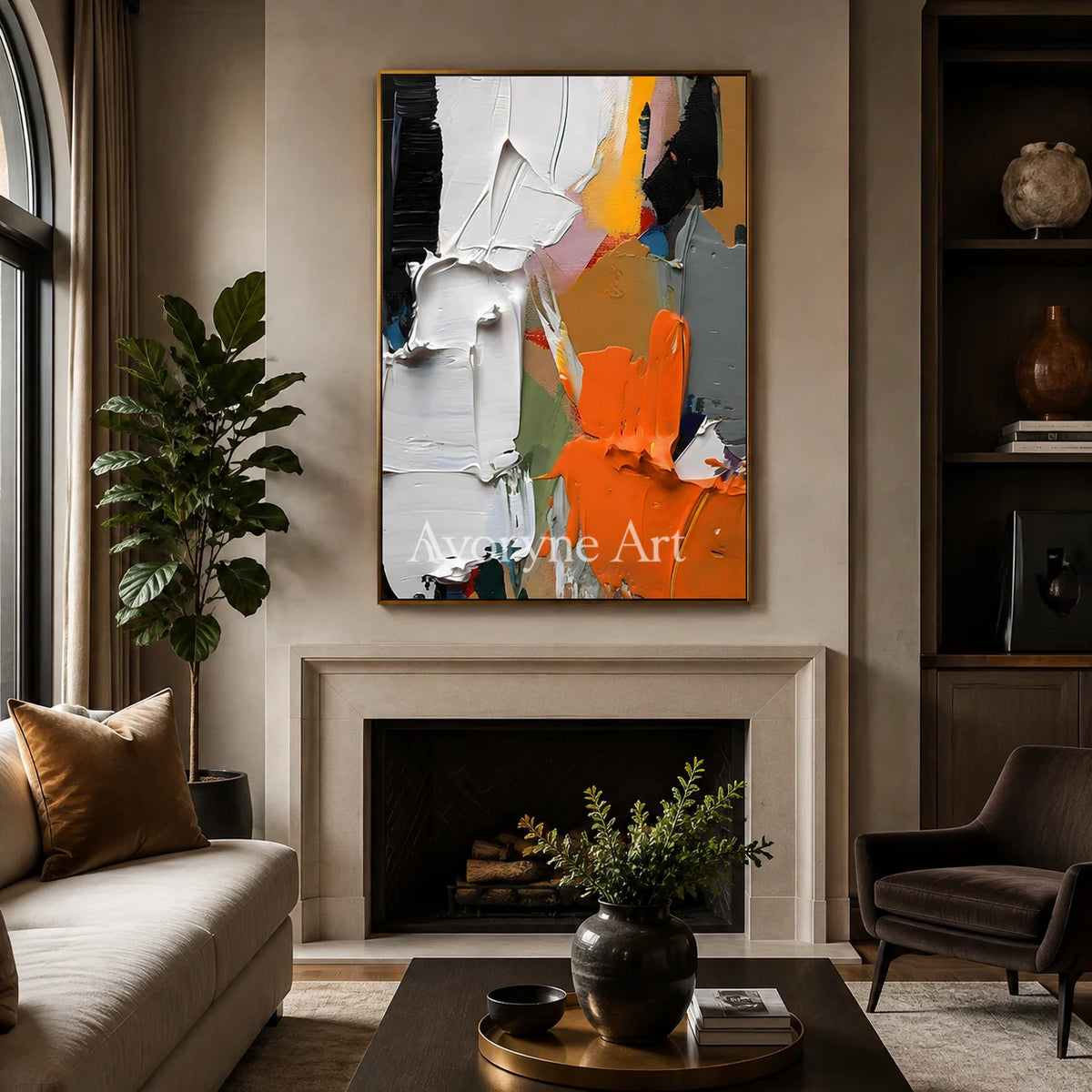 Ember Chorus: Orange Contemporary Abstract Wall Art - living room gold frame