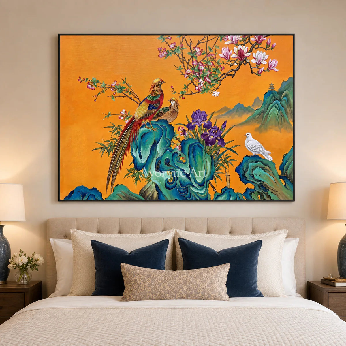 Saffron Serenade: Orange Pheasant and Magnolia Wall Art — bedroom black frame