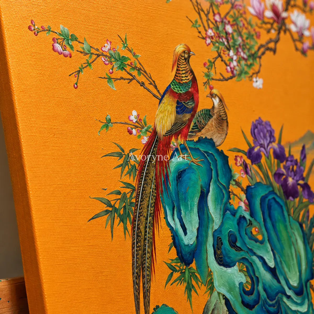 Saffron Serenade: Orange Pheasant and Magnolia Wall Art — detail easel oblique