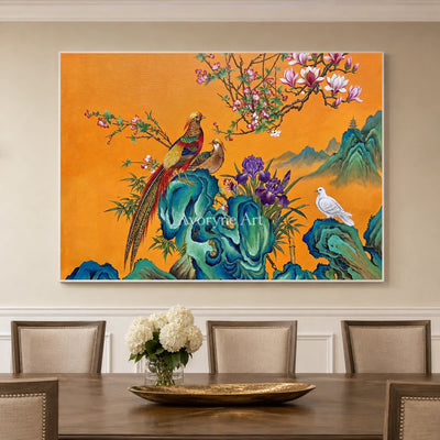 Saffron Serenade: Orange Pheasant and Magnolia Wall Art — dining room white frame