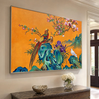 Saffron Serenade: Orange Pheasant and Magnolia Wall Art — entryway silver frame oblique