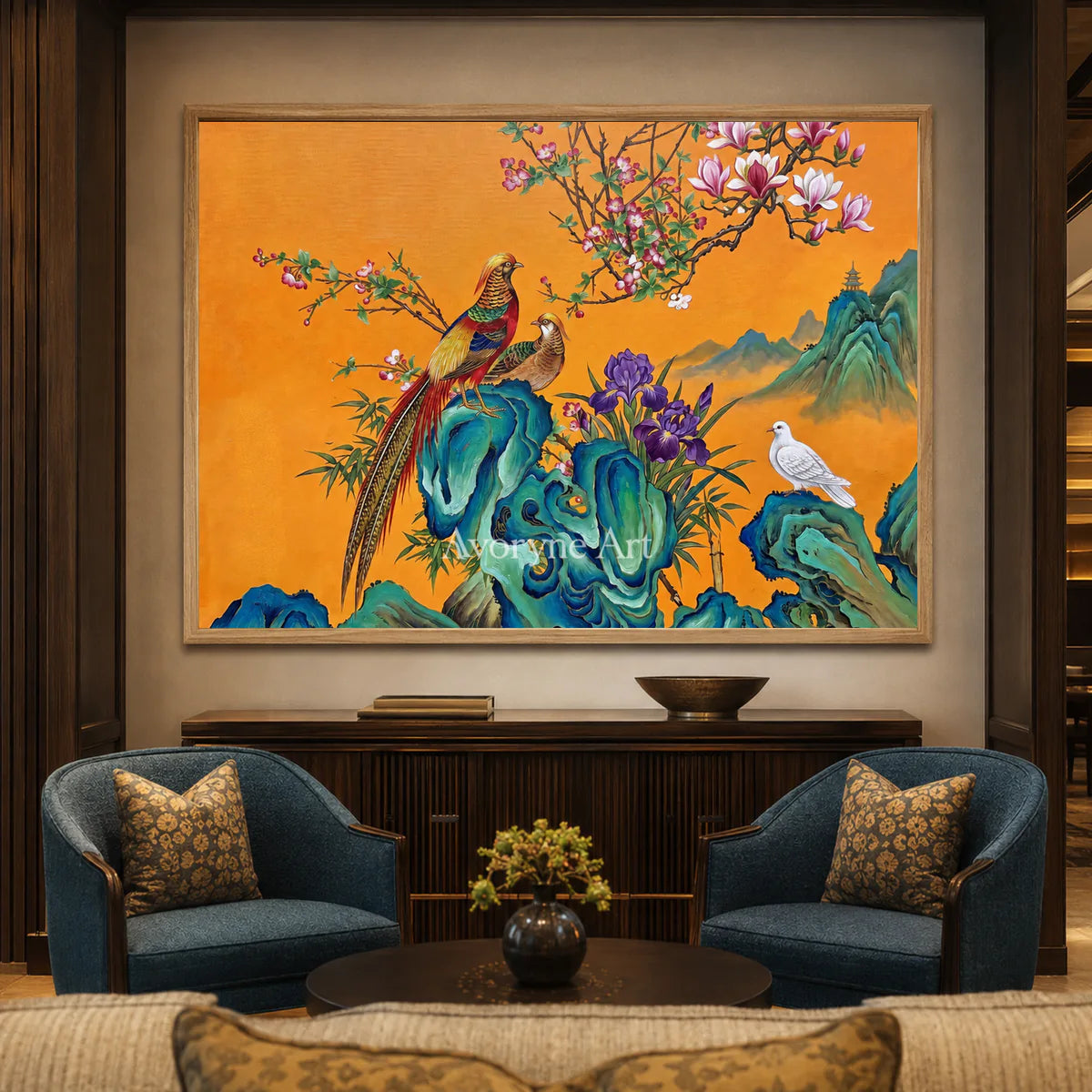 Saffron Serenade: Orange Pheasant and Magnolia Wall Art — hotel wood frame