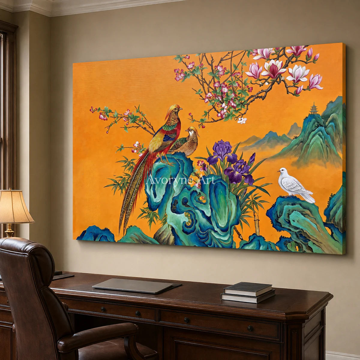 Saffron Serenade: Orange Pheasant and Magnolia Wall Art — office frameless oblique