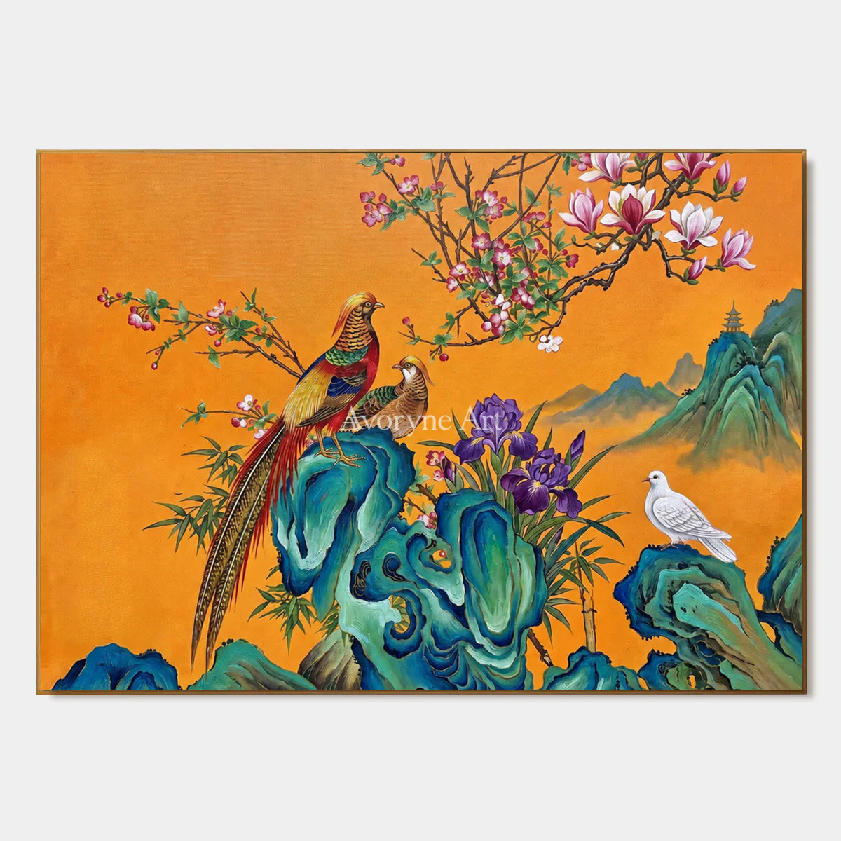 Saffron Serenade: Orange Pheasant and Magnolia Wall Art — primary