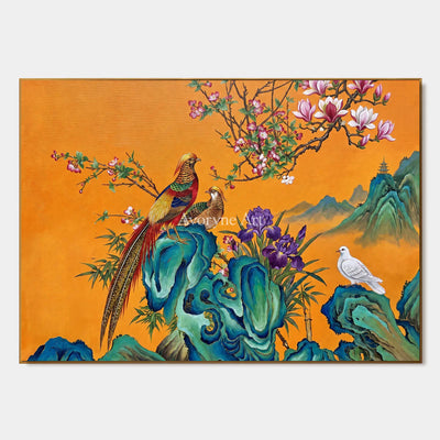 Saffron Serenade: Orange Pheasant and Magnolia Wall Art — primary