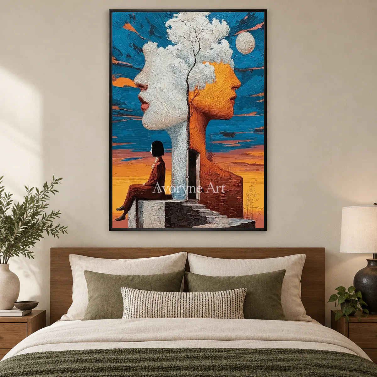 Between Two Skies: Orange Surrealist Double Portrait Wall Art — bedroom black