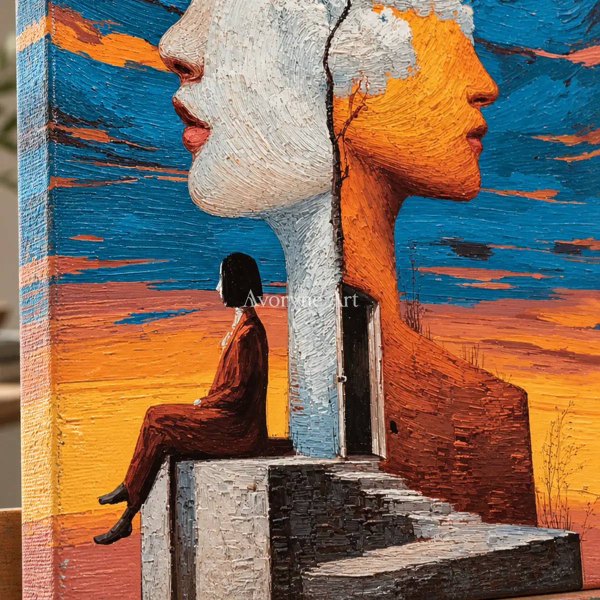 Between Two Skies: Orange Surrealist Double Portrait Wall Art — detail easel
