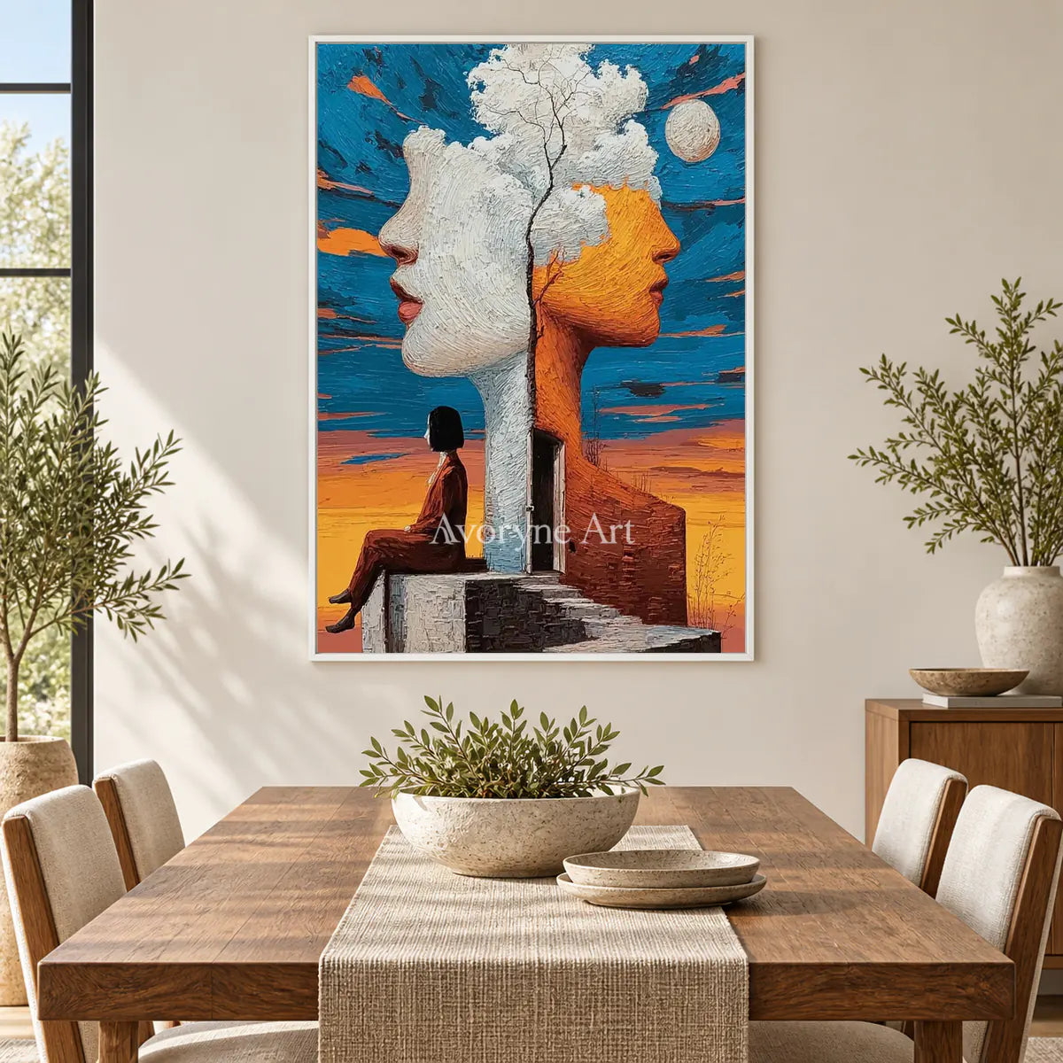 Between Two Skies: Orange Surrealist Double Portrait Wall Art — dining white