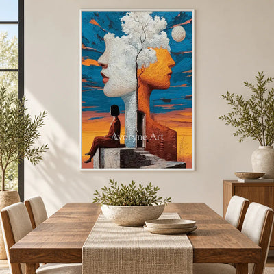 Between Two Skies: Orange Surrealist Double Portrait Wall Art — dining white