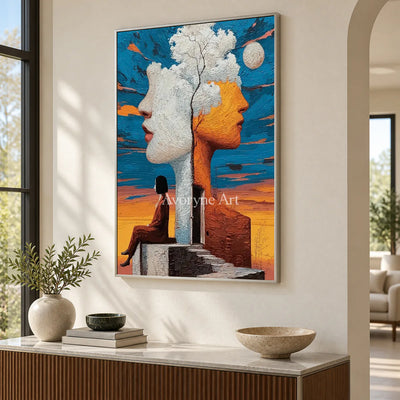 Between Two Skies: Orange Surrealist Double Portrait Wall Art — entry silver
