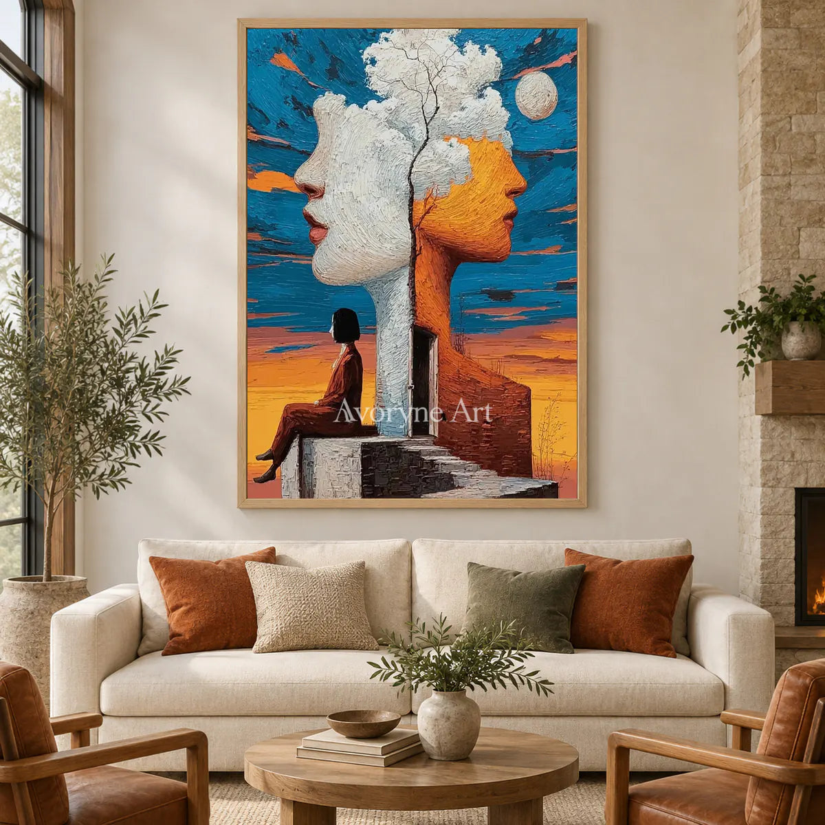 Between Two Skies: Orange Surrealist Double Portrait Wall Art — hotel wood