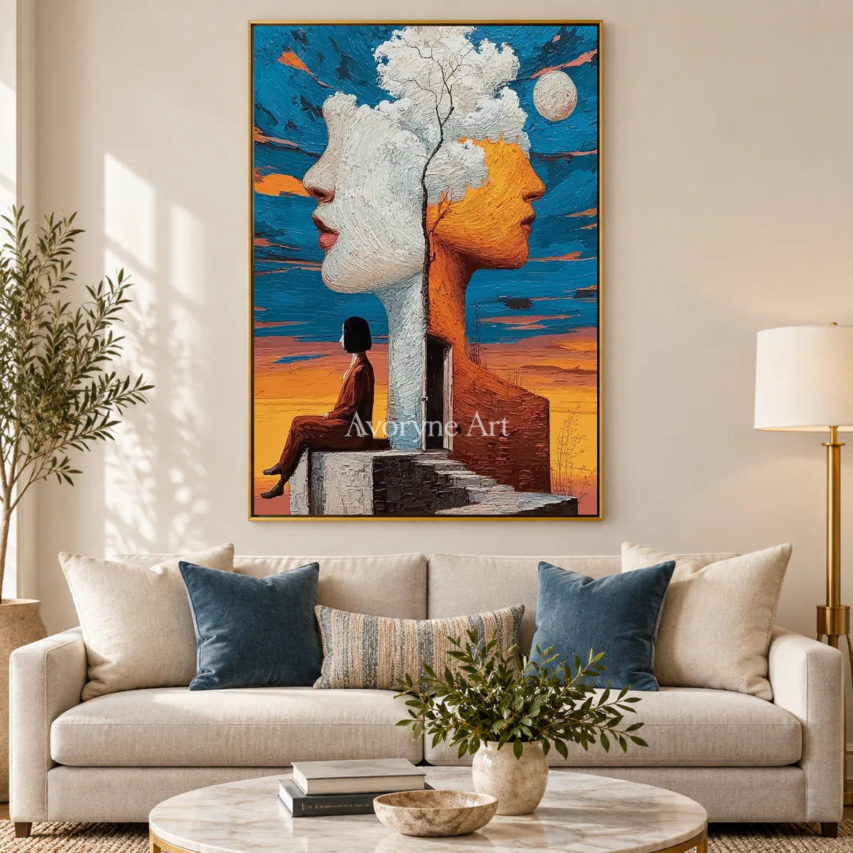 Between Two Skies: Orange Surrealist Double Portrait Wall Art — living gold