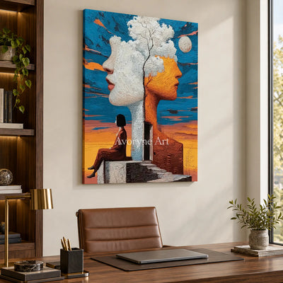 Between Two Skies: Orange Surrealist Double Portrait Wall Art — office frameless