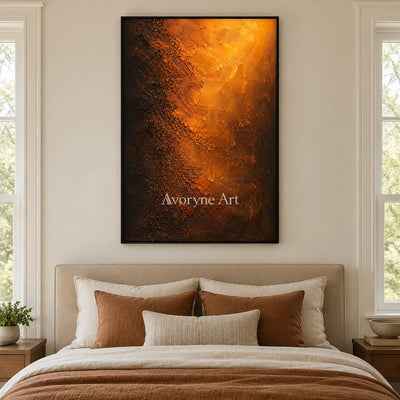 Ember Strata: Orange Textured Abstract Wall Art — bedroom black