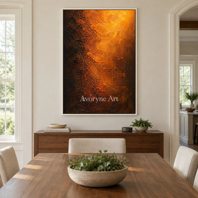 Ember Strata: Orange Textured Abstract Wall Art — dining white