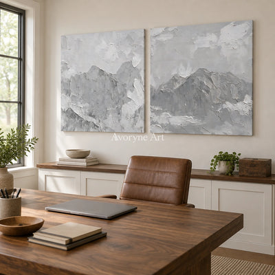 Muted Memory pale mountain relief diptych as a frameless stretched canvas in a home office