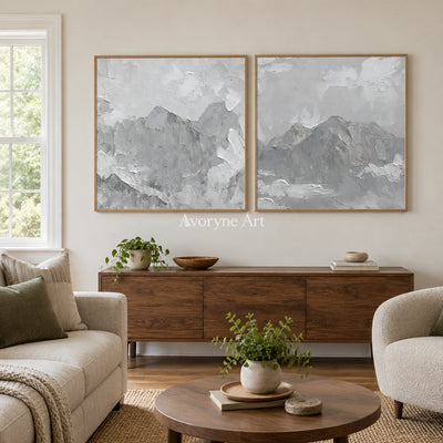 Muted Memory pale mountain relief diptych with a wood frame in a villa living space