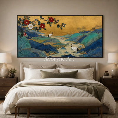 Gilded Mountain Garden: Panoramic Asian Floral Bird Wall Art - bedroom black frame