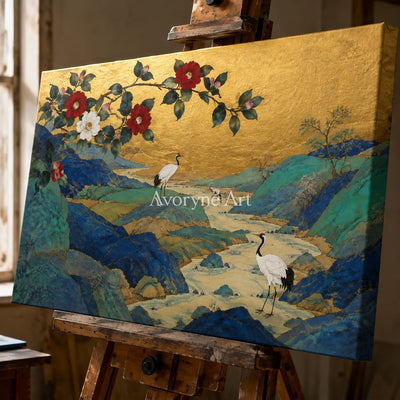 Gilded Mountain Garden: Panoramic Asian Floral Bird Wall Art - detail