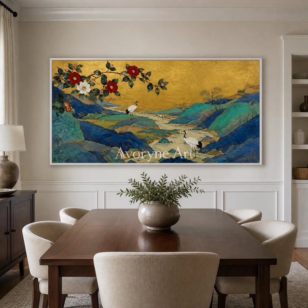 Gilded Mountain Garden: Panoramic Asian Floral Bird Wall Art - dining room white frame