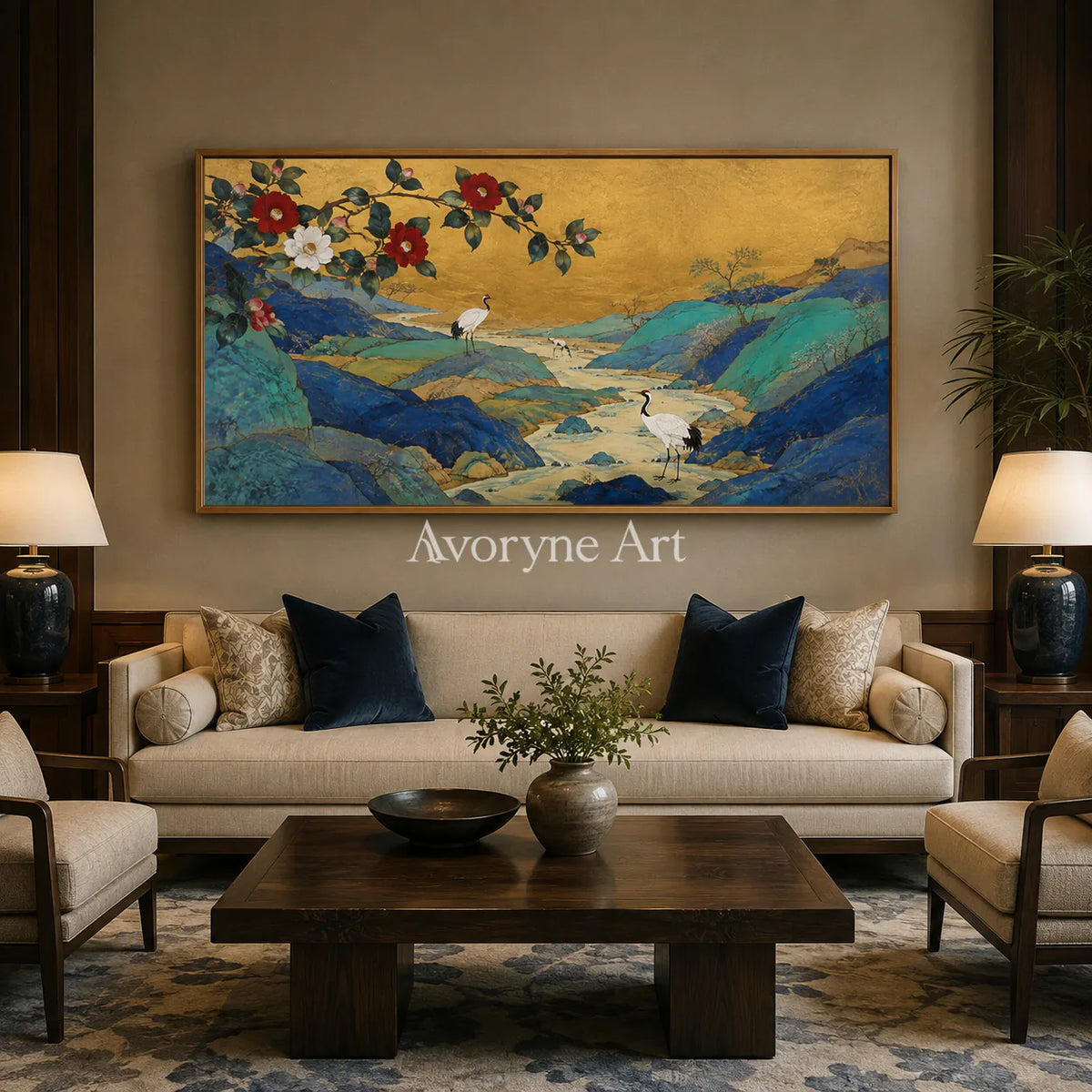 Gilded Mountain Garden: Panoramic Asian Floral Bird Wall Art - hotel wood frame