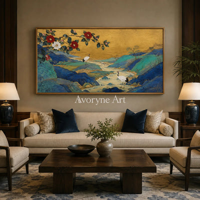 Gilded Mountain Garden: Panoramic Asian Floral Bird Wall Art - hotel wood frame