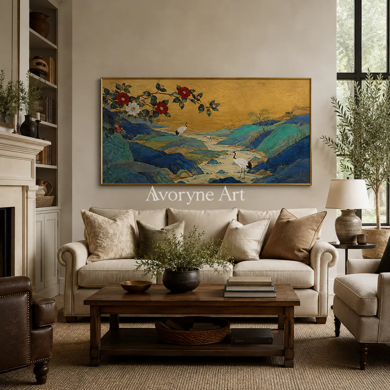 Gilded Mountain Garden: Panoramic Asian Floral Bird Wall Art - living room gold frame