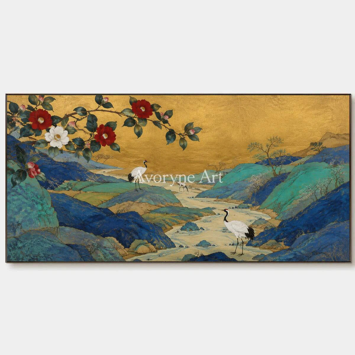 Gilded Mountain Garden: Panoramic Asian Floral Bird Wall Art - main