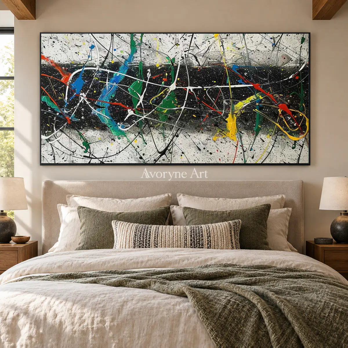 Across the Black Band: Panoramic Black Drip Abstract Wall Art — bedroom black