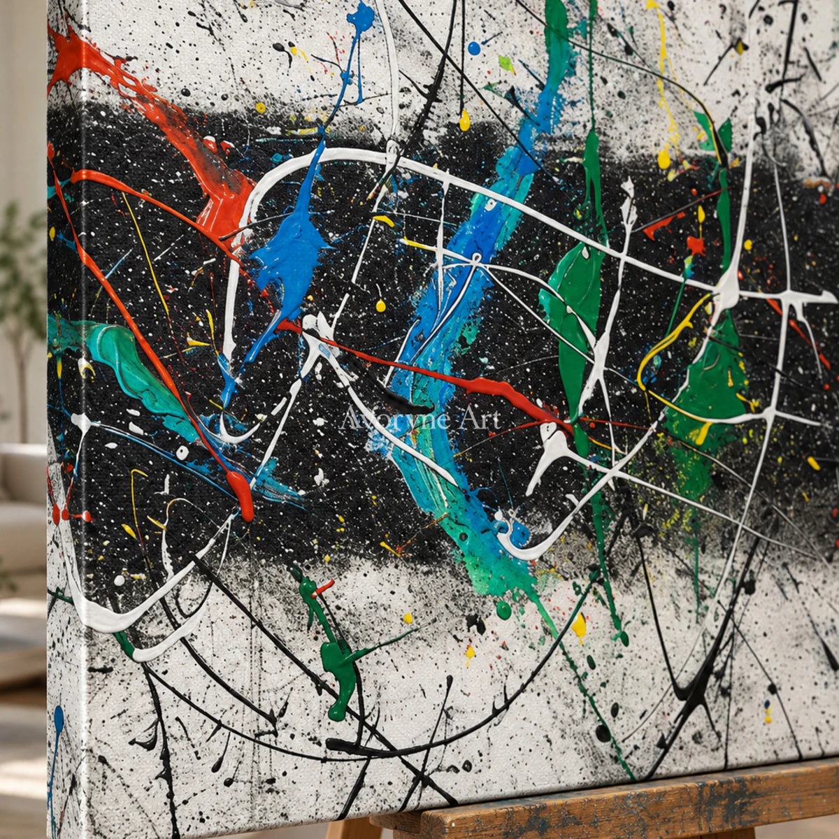 Across the Black Band: Panoramic Black Drip Abstract Wall Art — detail easel