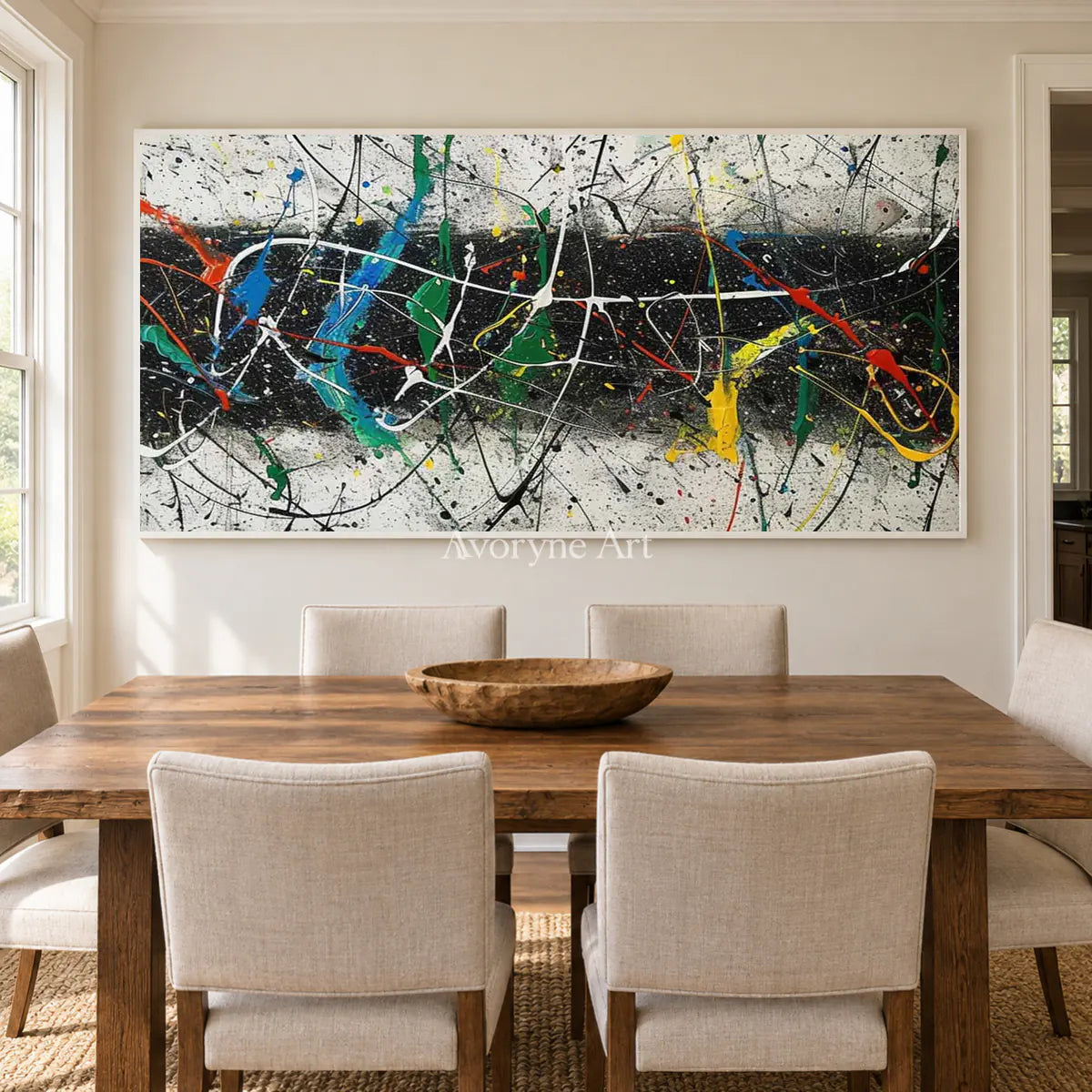 Across the Black Band: Panoramic Black Drip Abstract Wall Art — dining white