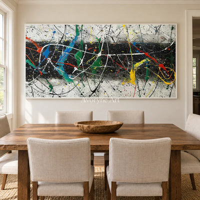 Across the Black Band: Panoramic Black Drip Abstract Wall Art — dining white