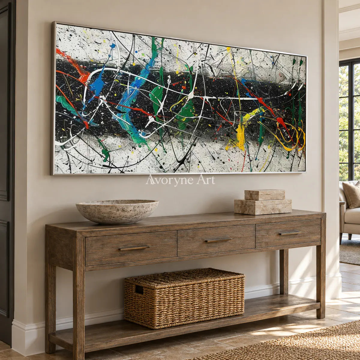 Across the Black Band: Panoramic Black Drip Abstract Wall Art — entry silver