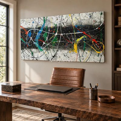 Across the Black Band: Panoramic Black Drip Abstract Wall Art — office frameless