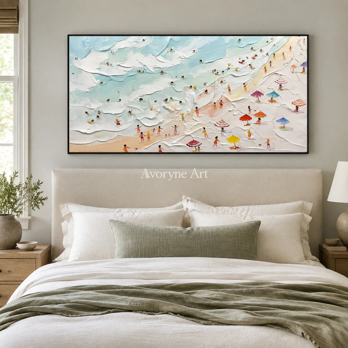Seaside Mosaic: Panoramic Blue Beach and Umbrella Wall Art — bedroom black