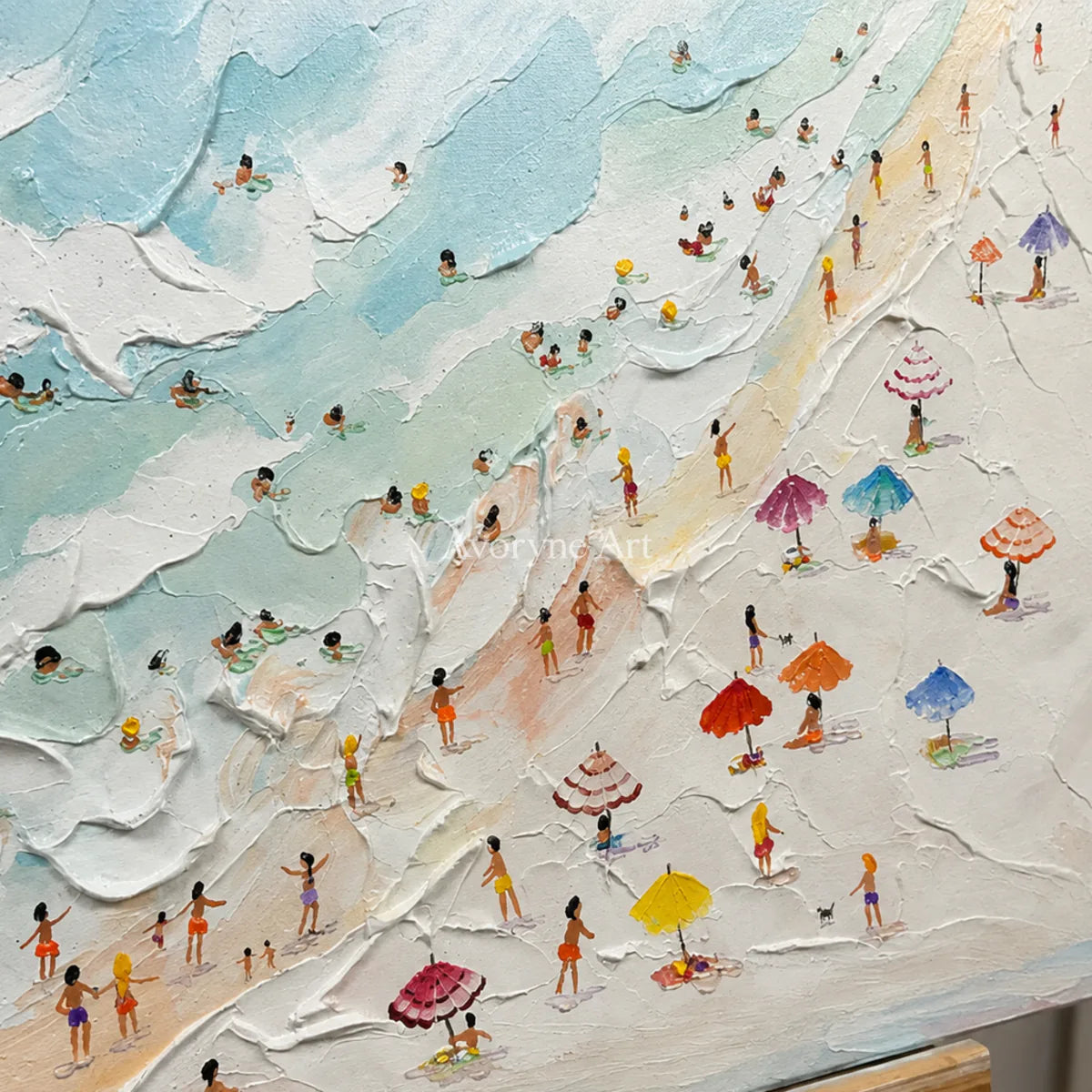 Seaside Mosaic: Panoramic Blue Beach and Umbrella Wall Art — detail easel