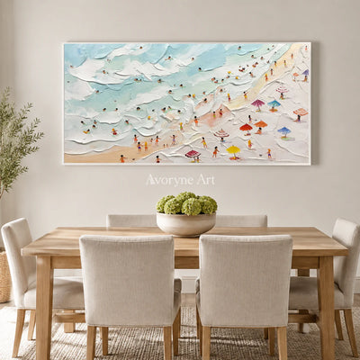 Seaside Mosaic: Panoramic Blue Beach and Umbrella Wall Art — dining white