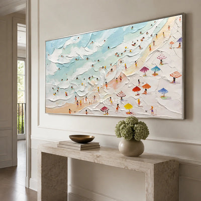 Seaside Mosaic: Panoramic Blue Beach and Umbrella Wall Art — entry silver