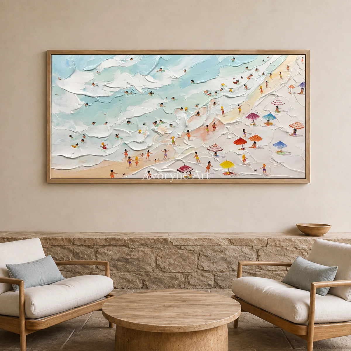 Seaside Mosaic: Panoramic Blue Beach and Umbrella Wall Art — hotel wood