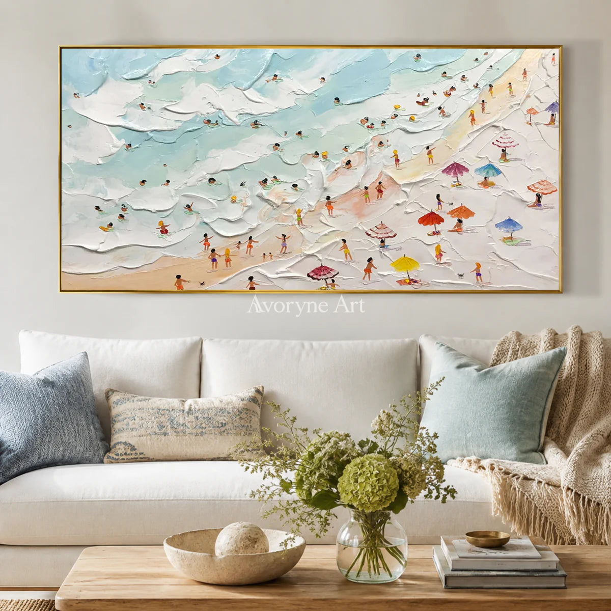 Seaside Mosaic: Panoramic Blue Beach and Umbrella Wall Art — living gold