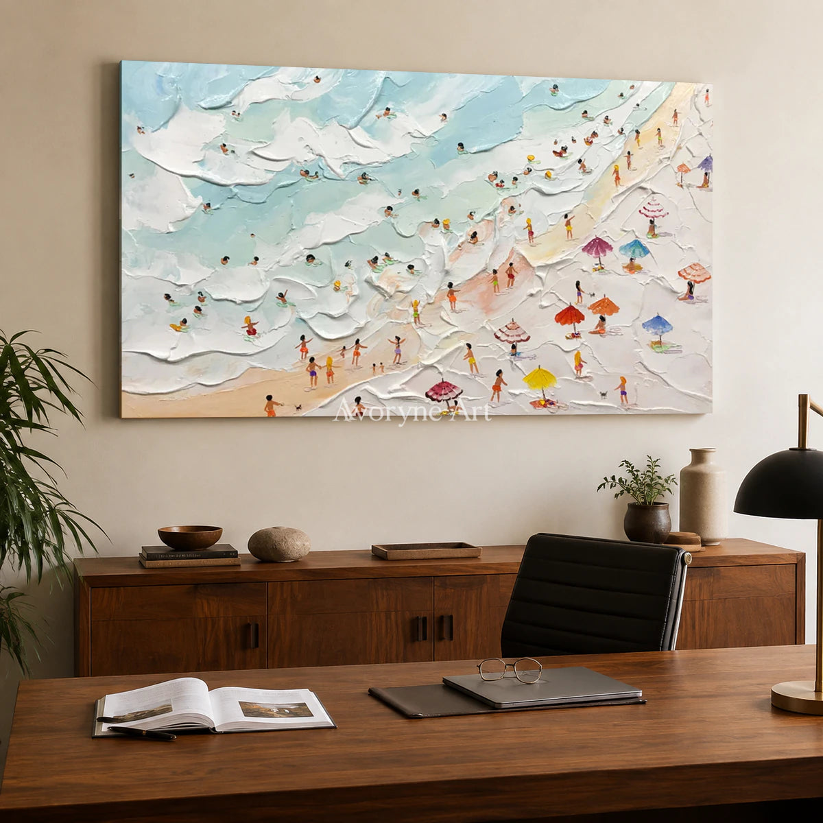 Seaside Mosaic: Panoramic Blue Beach and Umbrella Wall Art — office frameless