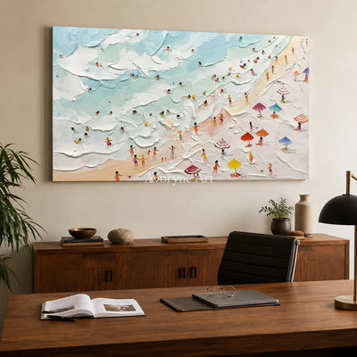 Seaside Mosaic: Panoramic Blue Beach and Umbrella Wall Art — office frameless