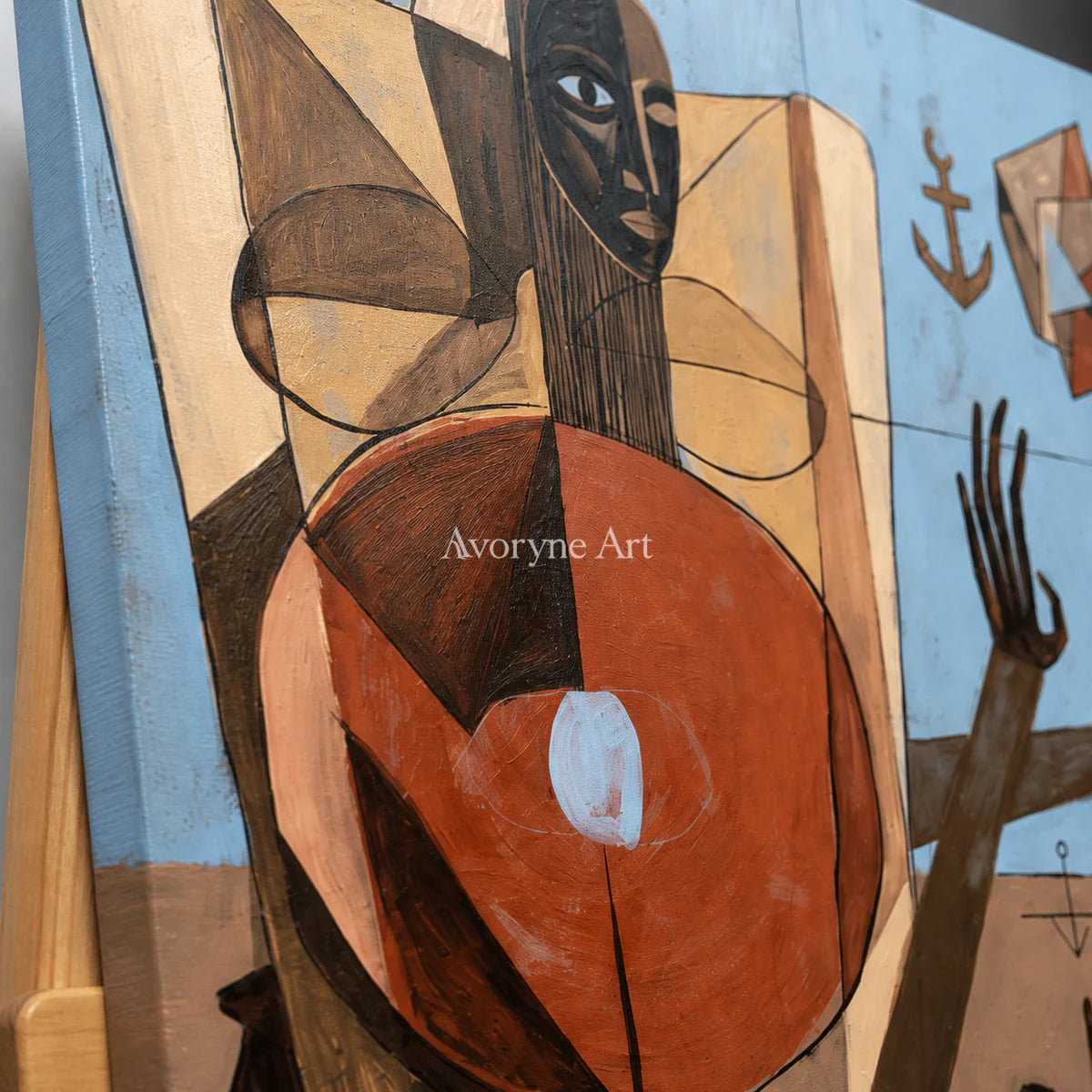 Borrowed Faces: Panoramic Cubist Figure Wall Art — detail easel oblique