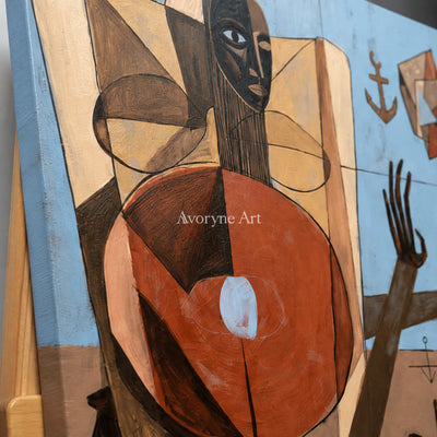 Borrowed Faces: Panoramic Cubist Figure Wall Art — detail easel oblique