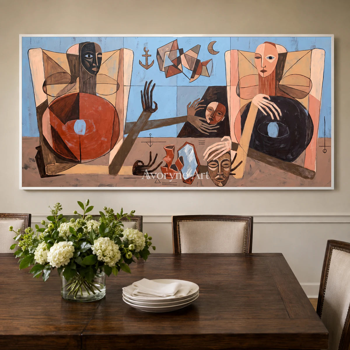 Borrowed Faces: Panoramic Cubist Figure Wall Art — dining room white frame